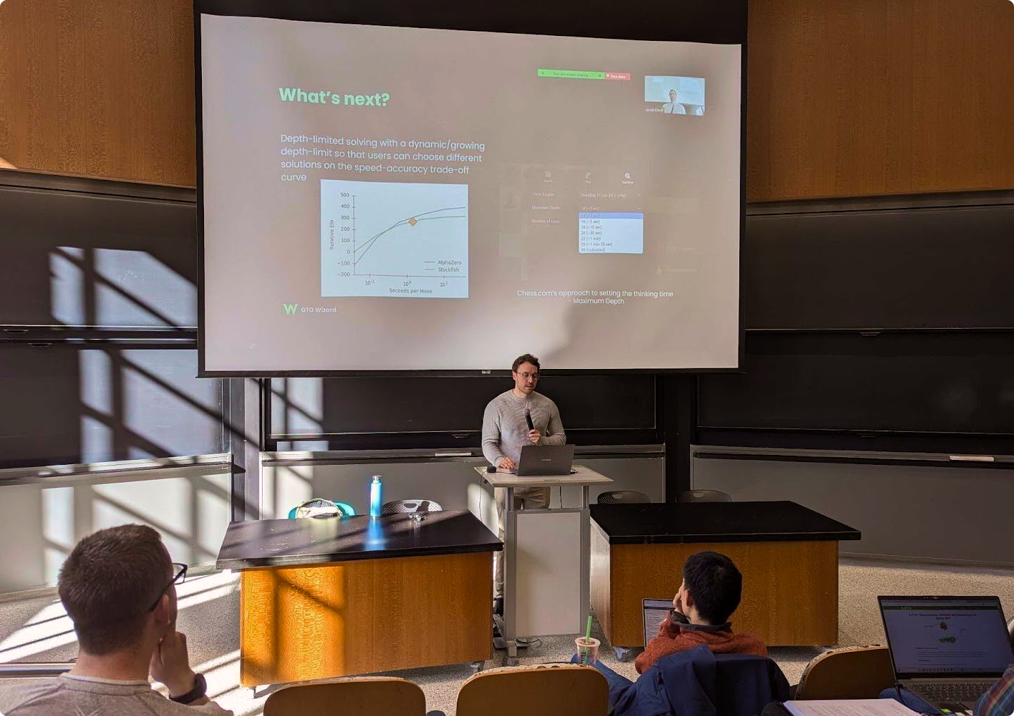 Philippe Beardsell giving a lecture on poker AI at MIT during the 2025 MIT Pokerbots competition